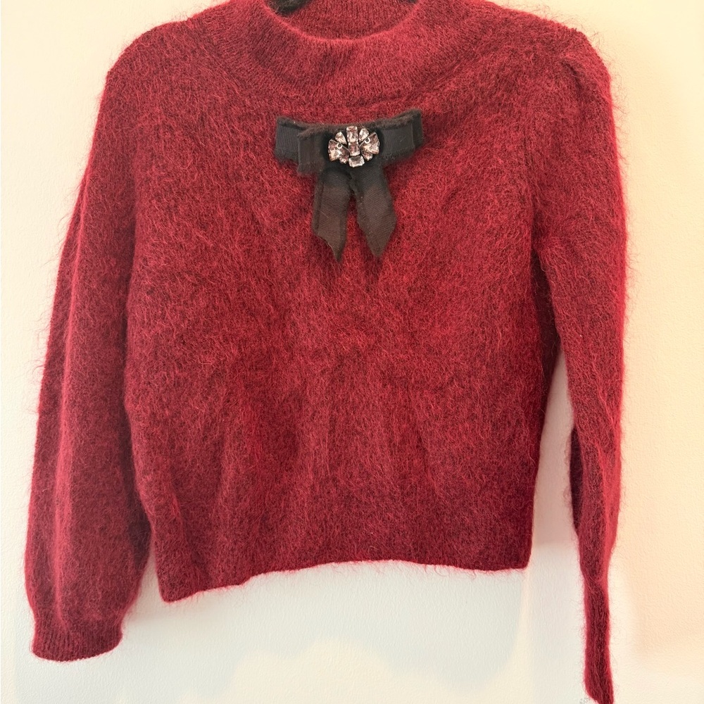 Zara Deep Red Turtleneck Sweater with Embellished Bow
